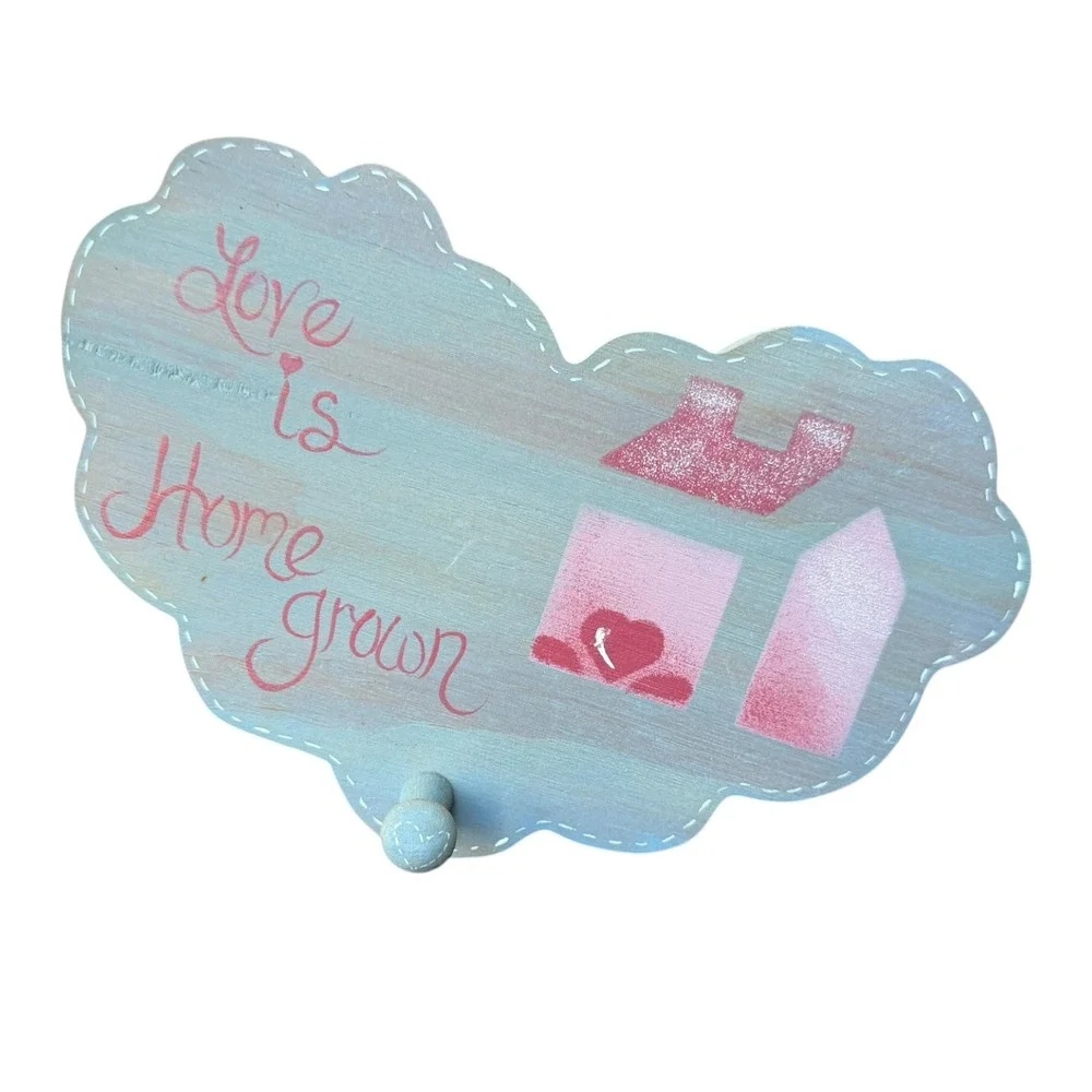 Love is Home Grown Wooden Wall Plaque Single Peg Hook Blue Pink Cottagecore